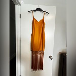 Camila Coelho Orange Midi Fringe Dress with Adjustable Spaghetti Straps/Gold Zip